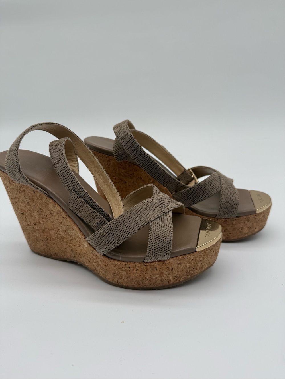 Jimmy Choo Taupe Cork Wedge Slingback Sandals